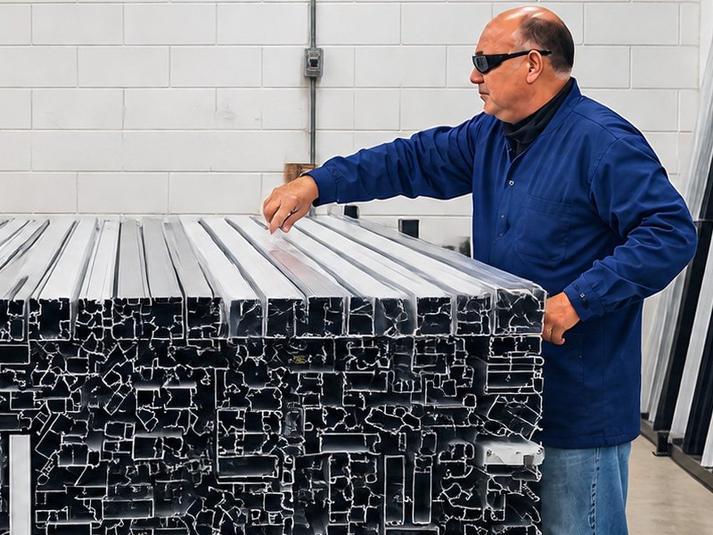 Operario revisando perfiles de aluminio en la planta
