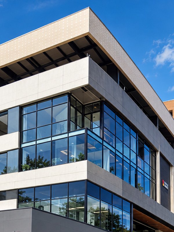 Fachada en vidrio y aluminio de un edificio de oficinas