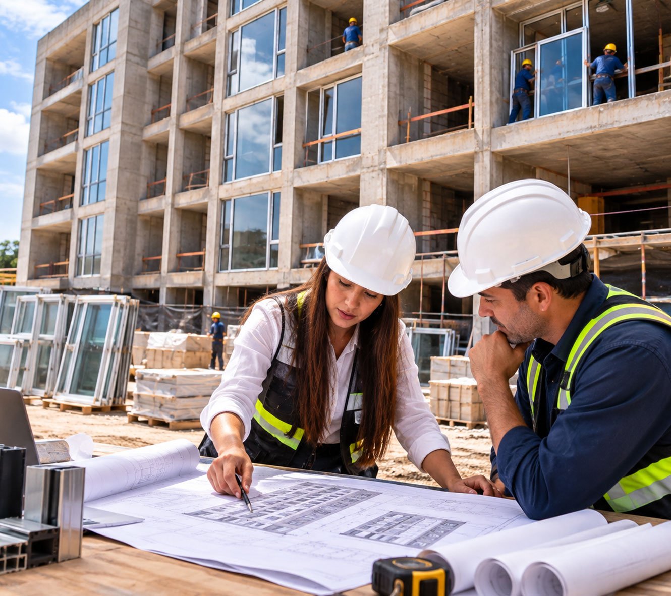 Planos de arquitectura metálica en aluminio y vidrio frente a un conjunto residencial en construcción