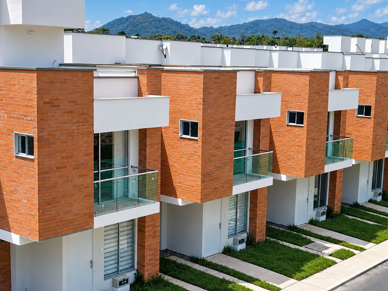 Conjunto de casas de ladrillo con balcones en vidrio