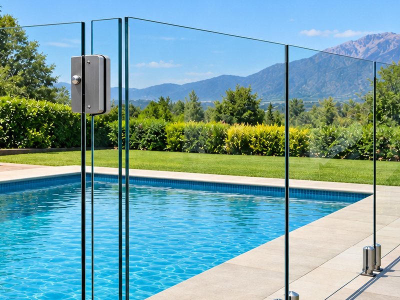 Cerramiento en vidrio templado frente a una piscina